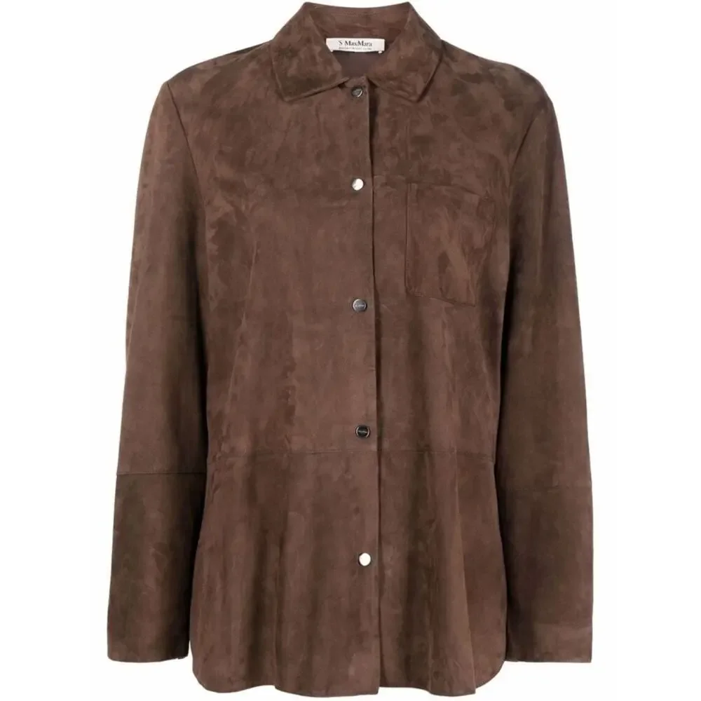 'S MAX MARA Esotico Brown Lamb Leather Suede Shirt Jacket Shacket Saks 4 38 $750 - Picture 3 of 13
